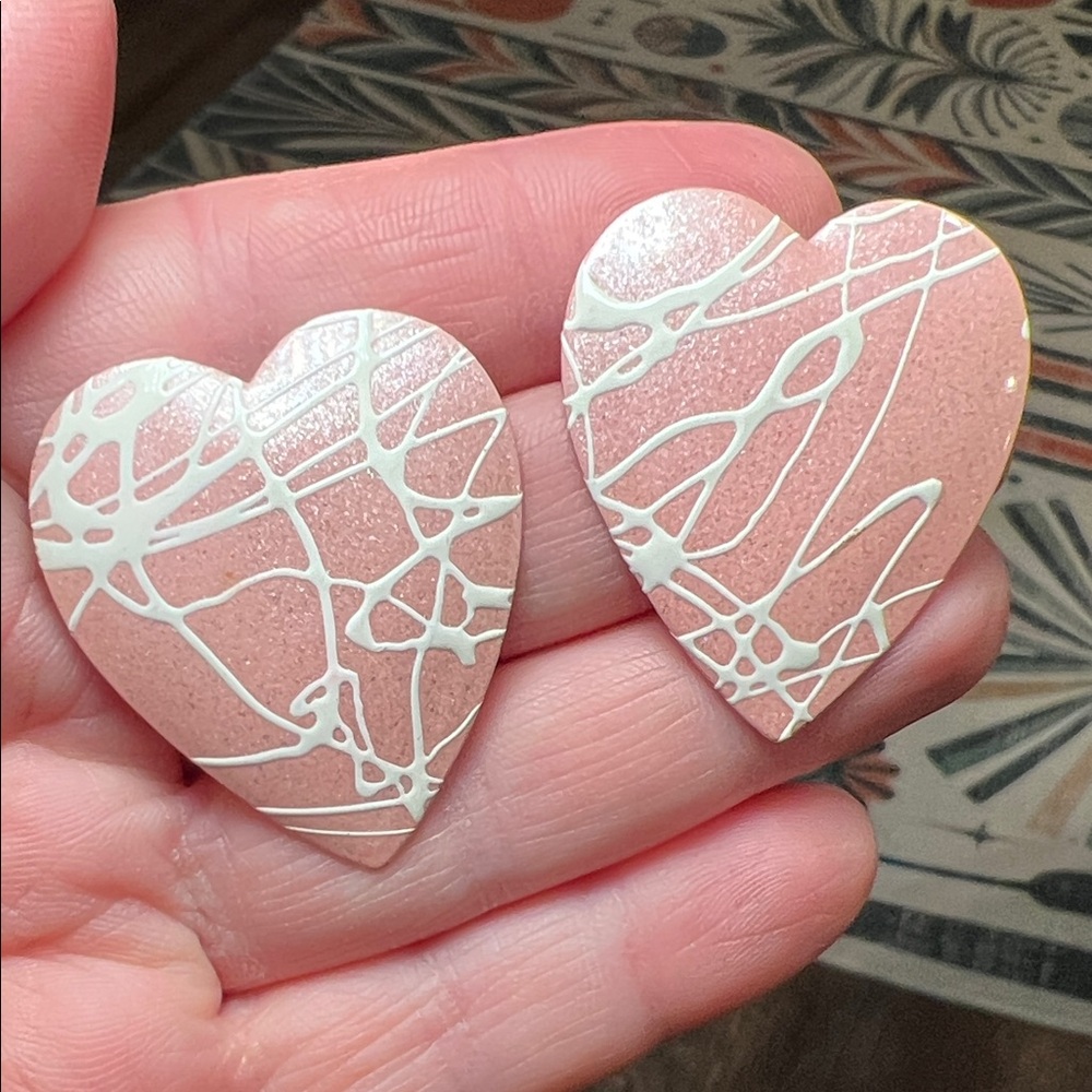 Vintage Valentines Day Pink Enamel White Splatter Heart Earrings